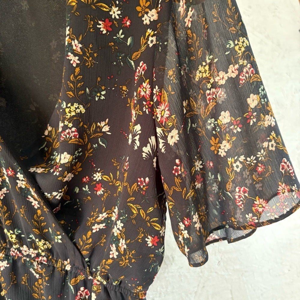 Blu Pepper Small A-Line Sheer Black Floral V-Neck Dress Short Flutter Sleeves - Picture 8 of 9